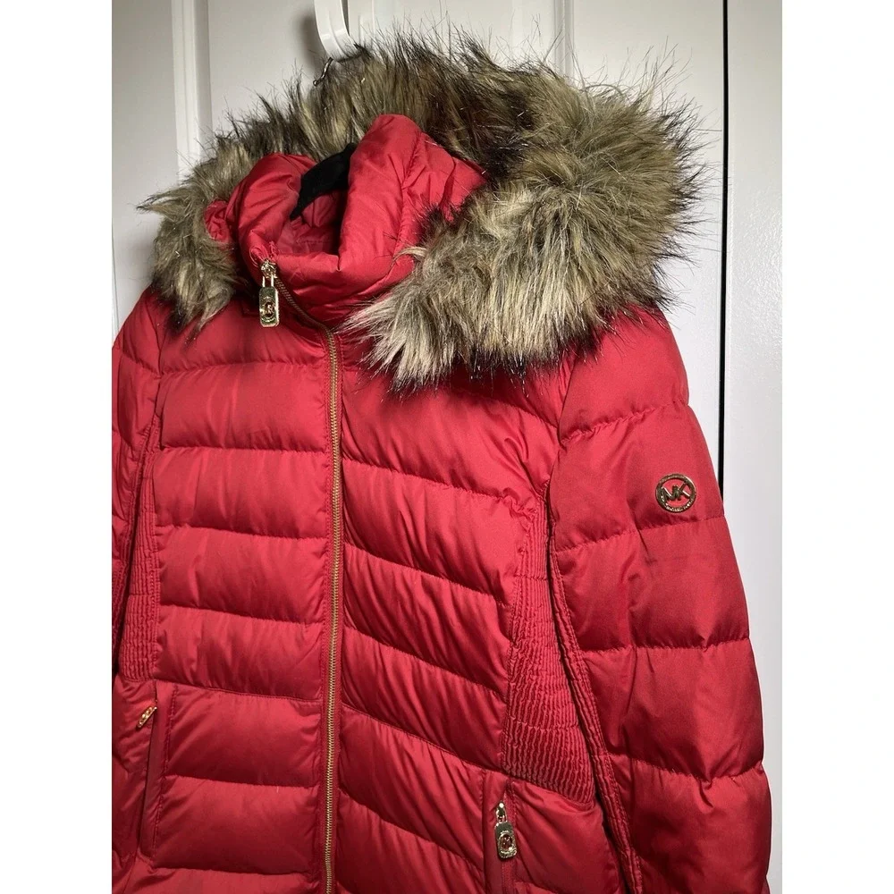 Michael Kors Red Women's‎ Coat Size Medium Faux Fur Hood Puffer Jacket EUC